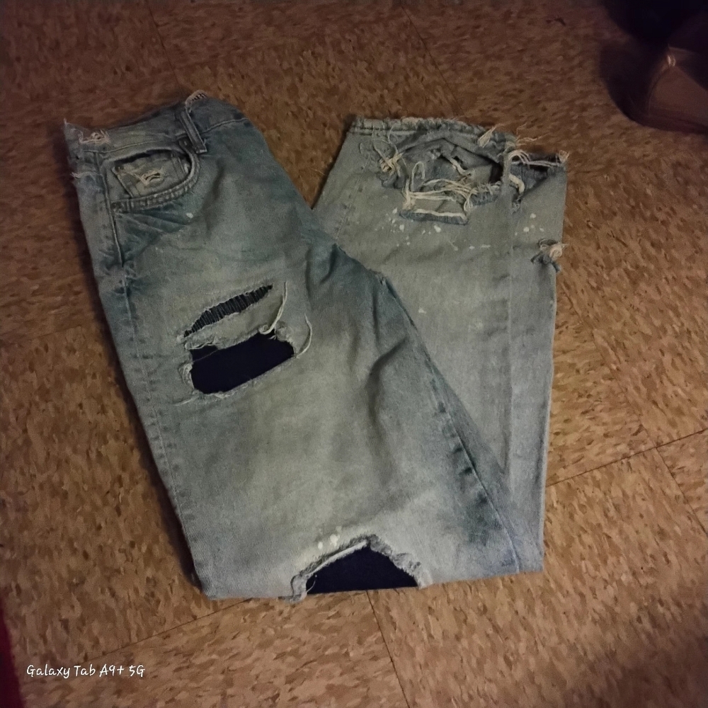 Zara High Rise Lightwash Distressed  5 Pocket Wide Leg Jeans - Picture 3 of 9